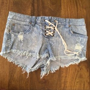 Billabong lace up paisley printed denim shorts